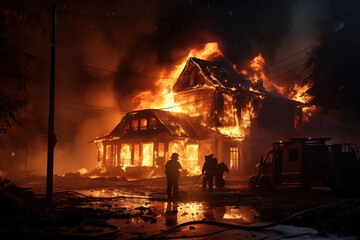 Fireman wearing professional uniform extinguish burning house, AI Generative