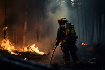 Naklejka premium Fireman wearing professional uniform extinguish burning house, AI Generative