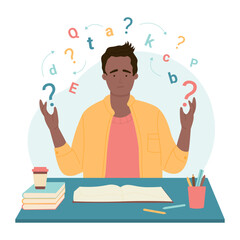 Problems in learning and literacy, dysgraphia and dyslexia disability vector illustration. Cartoon dyslexic confused student sitting at desk with cloud of letters, frustrated boy asking question - obrazy, fototapety, plakaty