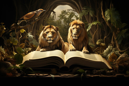Open book with magic nature world with wild animals lions, animal-themed book, storytelling concept,  Encyclopedia of wild animals, Fantasy and literature AI Generative