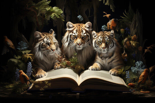 Open book with magic nature world with wild animals lions, animal-themed book, storytelling concept,  Encyclopedia of wild animals, Fantasy and literature AI Generative