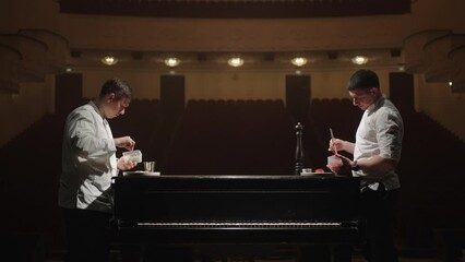 Two Chefs Cooking Luxury Meals In Opera House, French Haute Cuisine Presentation