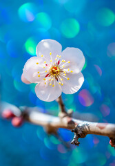 虹色と青い背景の一輪の梅の花