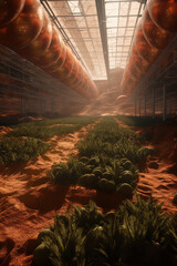 Growing plant in greenhouse on Mars, futuristic fantasy image, colonization of Mars red planet, new life, Agriculture AI Generative