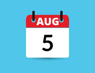 August 5. Flat icon calendar isolated on blue background. Date and month vector illustration