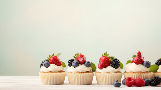 Mini cupcakes set with cream cheese frosting decorated with fresh strawberry, blackberry and blueberry. Delicious homemade dessert. Festive bakery. Light background. Vanilla cupcakes, copy space. AI