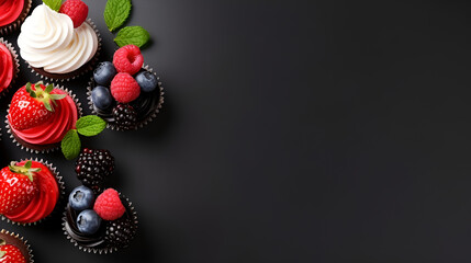 Set of chocolate mini cupcakes decorated with fresh strawberry, blackberry and blueberry on black background, flat lay. Stylish cupcakes background, copy space, top view. AI - obrazy, fototapety, plakaty