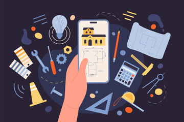 Cartoon architects hand holding phone with building blueprint on screen, person using paper sketch, tools and software for product design. Development of architecture project vector dark concept
