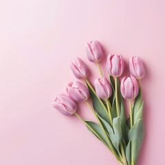 Bouquet of pink tulips on pink background. Flat lay, top view