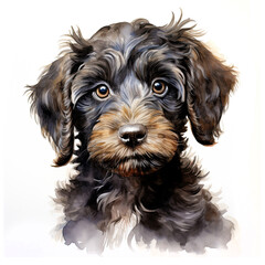 Chocolate cockerpoo puppy on a white background. Cute digital watercolour for dog lovers.