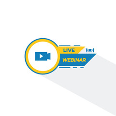 Fototapeta premium Live webinar button. Blue and yellow colors. Webinar live virtual. Live broadcast button. Online meeting icon. Social media webinars. Live streaming logo. Designed in flat style isolated.