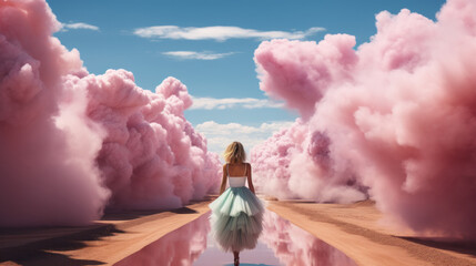 Girl is walking through light pink smoke on the road, in the style of surrealistic landscape