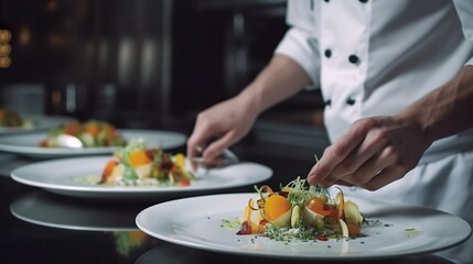 Obraz na płótnie Canvas Concepto de chef sirviendo comida vegetariana. Generado por IA.