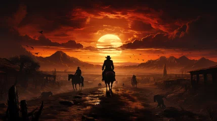 Tuinposter Western landscape with silhouette of a lonely cowboy riding a horse in beautiful midwest scenery © Keitma