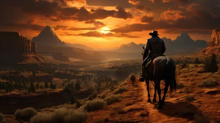 Foto op Canvas Western landscape with silhouette of a lonely cowboy riding a horse in beautiful midwest scenery © Keitma