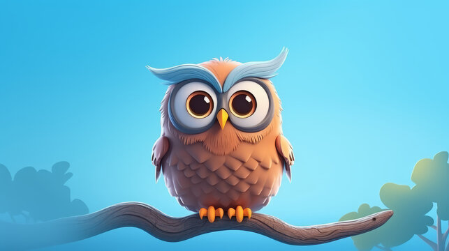 Adorable owl in cartoon style illustration with big eyes