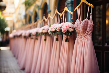 Pretty in Pink. Bridesmaid Dresses of All Styles in Lovely Pink Hues. AI Generative - obrazy, fototapety, plakaty