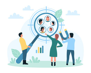 Target audience research vector illustration. Cartoon tiny people search and find focus group of customers in target aim, study consumer behavior and avatars of clients crowd with magnifying glass