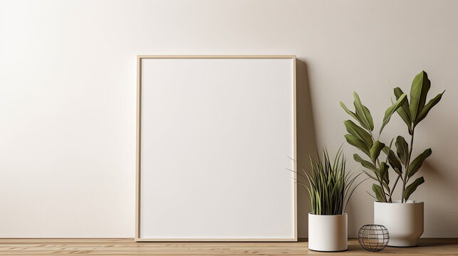 Blank photo frame mockup suspended from a wall, with a wooden floor beneath, minimalistic, cut-out style. --ar 16:9