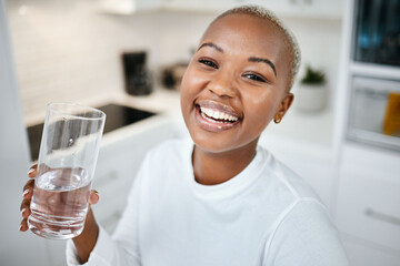 Portrait, glass and black woman drinking water, smile and health with joy, nutrition and laughing....
