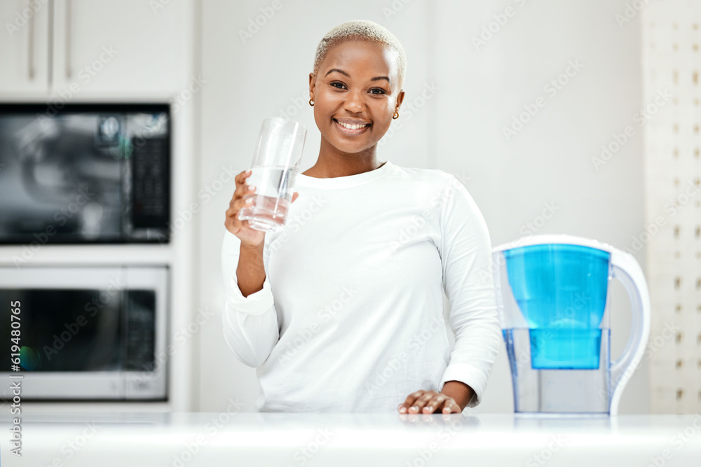 Wall mural Portrait, glass and black woman drinking water, detox and health with nutrition, happiness and wellness. Face, female person or girl in her kitchen, liquid for energy and home with peace or hydration - Wall murals