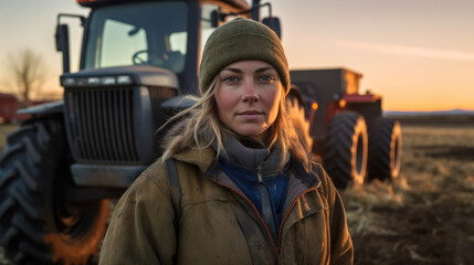 Portrait of a tough female farmer in front of a tractor in a field - obrazy, fototapety, plakaty