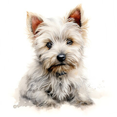 White West Highland Terrier puppy on a white background. Cute digital watercolour for dog lovers.