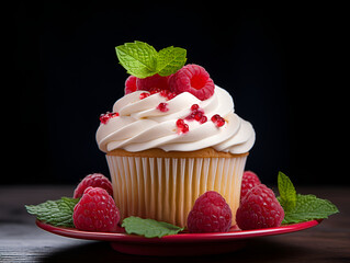 Cupcake with whipped cream and fresh raspberries on a plate over dark background, close up. Creamy...
