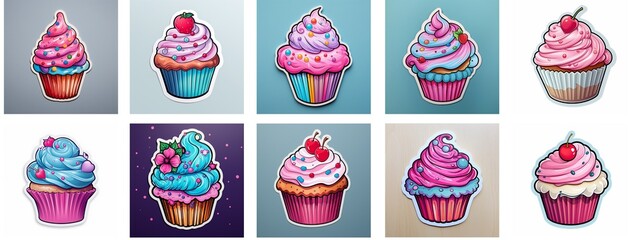 Set of colorful cupcake stickers on transparent background. Illustrations of festive muffins decorated with cream, pearl sprinkles, berries and edible flowers. Cupcake icons, separated from background