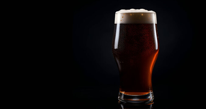A glass of dark beer on a dark background. Place for text. AI generation