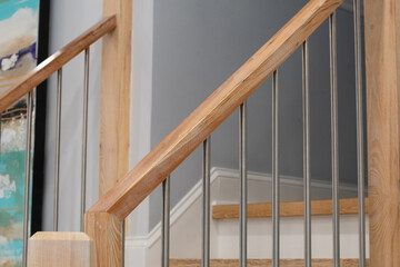 brown wood banister on staircase interior design of white modern house