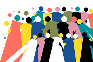 Geometric illustration of a group of multi coloured people holding together in friendship