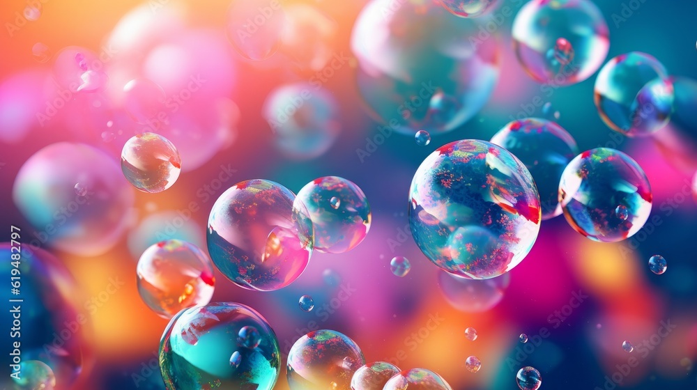 Wall mural abstract pc desktop wallpaper background with flying bubbles on a colorful background. aspect ratio 