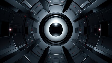 abstract pc desktop wallpaper background with circle shape of a reactor in space and black light with round lenses. aspect ratio 16:9 . Generative AI