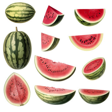 Set with red a slice of watermelon on transparent background. Set of watermelon, PNG. Generative ai