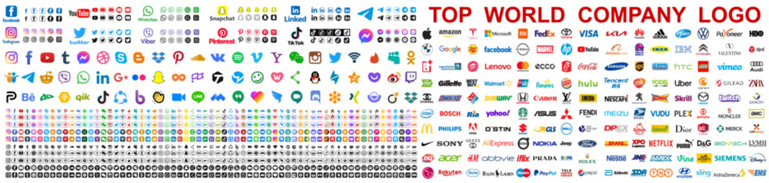 Kiev, Ukraine - July 03, 2023: Set popular social media button icons and biggest world company logo brands. Facebook, instagram, twitter, youtube, whatsap, tik tok, telegram, viber. Editorial