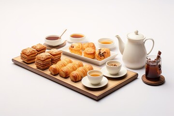 Obraz na płótnie Canvas Afternoon tea set with dessert,pastry,bakery and bread on white background. Generative Ai