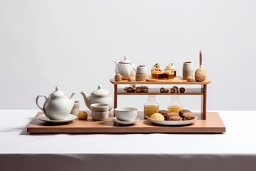 Fototapeta na wymiar Afternoon tea set with dessert,pastry,bakery and bread on white background. Generative Ai