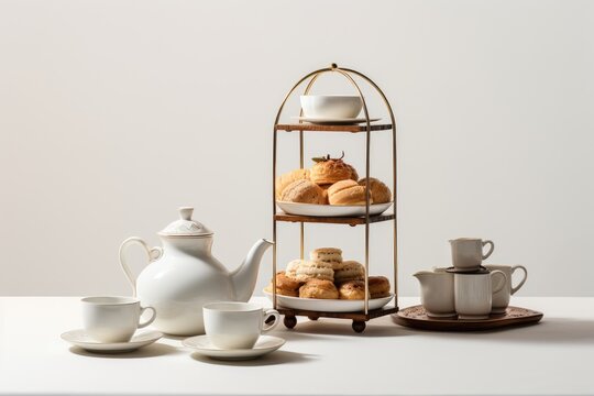 Afternoon tea set with dessert,pastry,bakery and bread on white background. Generative Ai