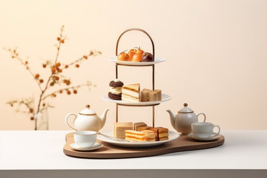 Afternoon tea set with dessert,pastry,bakery and bread on white background. Generative Ai
