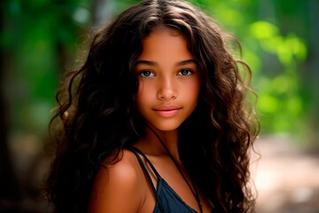 Naklejka premium Close-up portrait of a teenage Latino girl with long curly hair on a background of greenery. AI generation