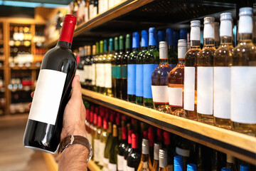 Bottle of wine with blank label in hand of customer on background of shelves with wine in store.
