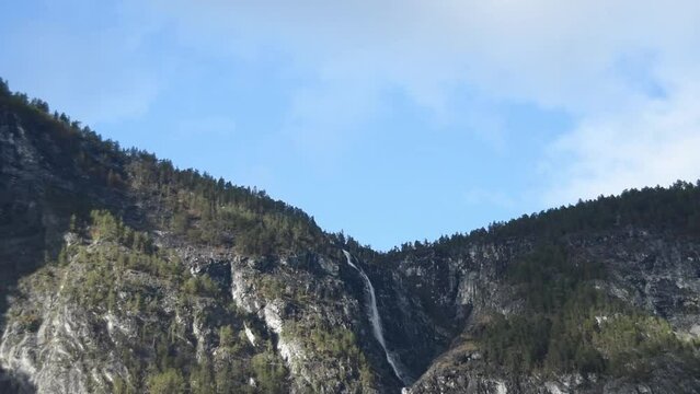 View from an electrical cruise ship on Sognefjord,  Aurlandsfjord Flam, Norway. Impressive mountain landscape of fjords and blue water