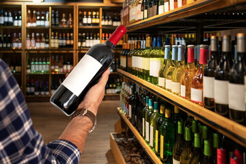 Bottle of red wine in hand of customer on background of shelves with wine in store.