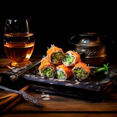 Fototapeta na wymiar Japanese rolls lie on a table in a dark interior. Japanese food. AI generation.