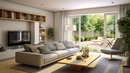 3D render Nature's Haven- A Serene Fusion of Living Room and Garden relax view for Tranquility and Harmonious Connection interior design