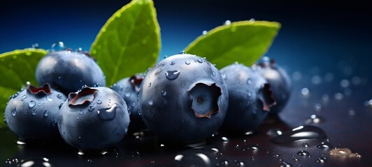 Food photography - Summer fruits blueberry background - Closeup of ripe blueberries with water drops and leaves on dark table (Generative Ai)