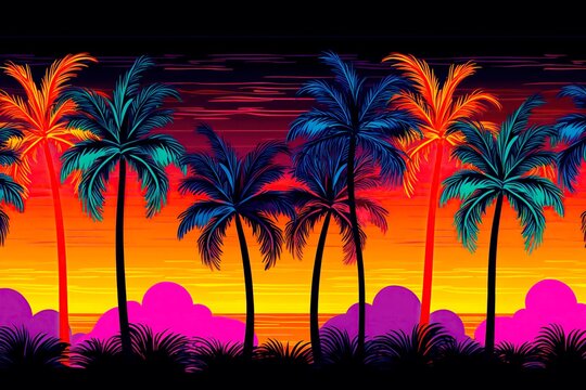 Tropical painted background in vibrant colors with palm trees. Stylized abstract picture. AI generation