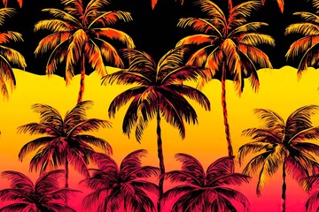 Fototapeta na wymiar Tropical painted background in vibrant colors with palm trees. Stylized abstract picture. AI generation