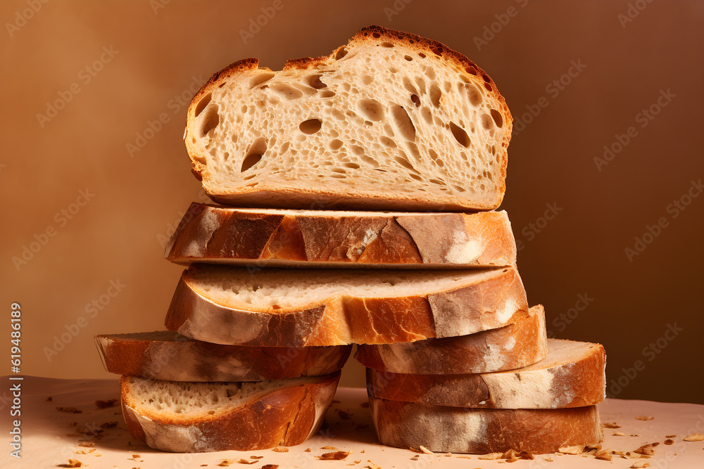 Wall mural a macro photo of a sourdough wheat white bread with nice crust and oxygen bubbles, slices, stacked o